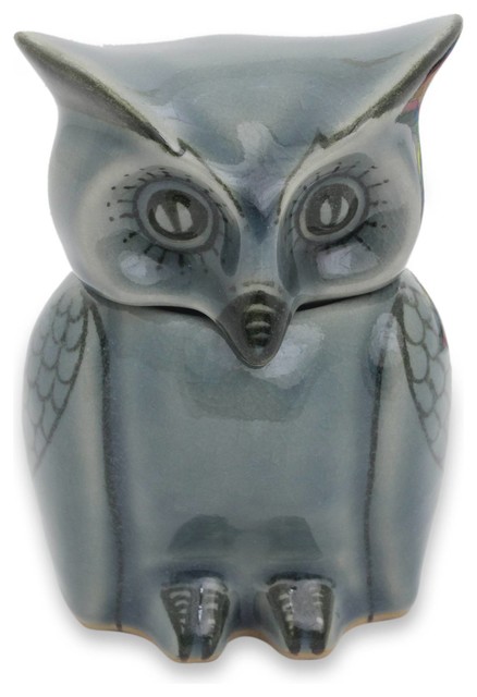 Happy Blue Owl Celadon Ceramic Jar