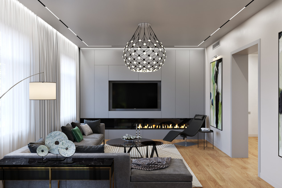 Design ideas for a large contemporary formal living room in Moscow with light hardwood floors, a ribbon fireplace, a stone fireplace surround, a wall-mounted tv, recessed and grey walls.