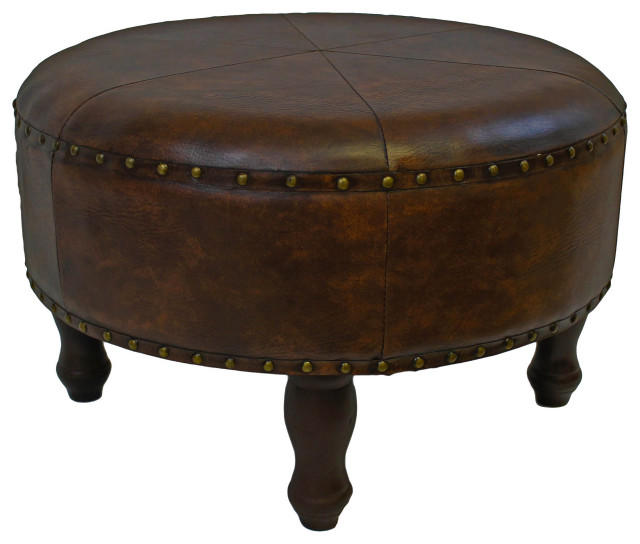 Faux Leather 24 in. Brown Round Ottoman Traditional Footstools And Ottomans by VirVentures