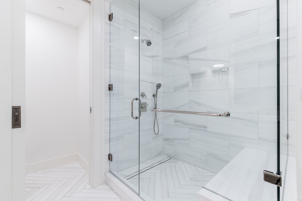 Inspiration for a transitional master bathroom in Dallas with a corner shower, marble, white walls, marble floors, white floor and a hinged shower door.