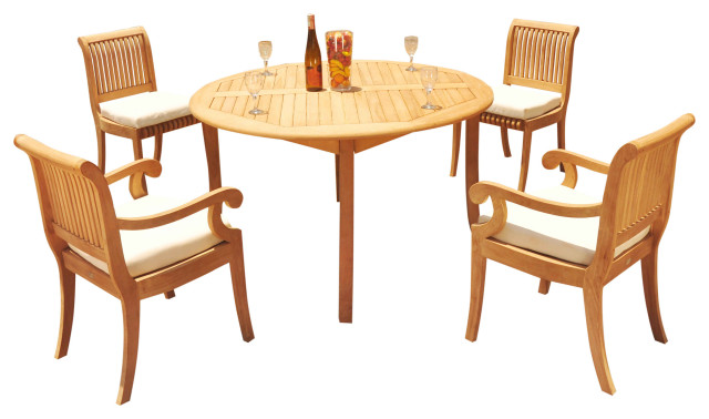 5 Piece Outdoor Patio Teak Dining Set, 52 Round Dining Table Set