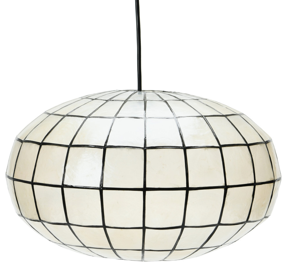 Modern Capiz Shell Pendant Light, Oblong Shape With Matte Black Beach