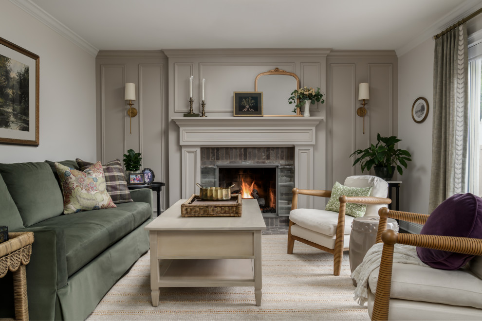 Inspiration for a mid-sized french country open concept dark wood floor and brown floor family room remodel in Philadelphia with beige walls, a standard fireplace and a wood fireplace surround