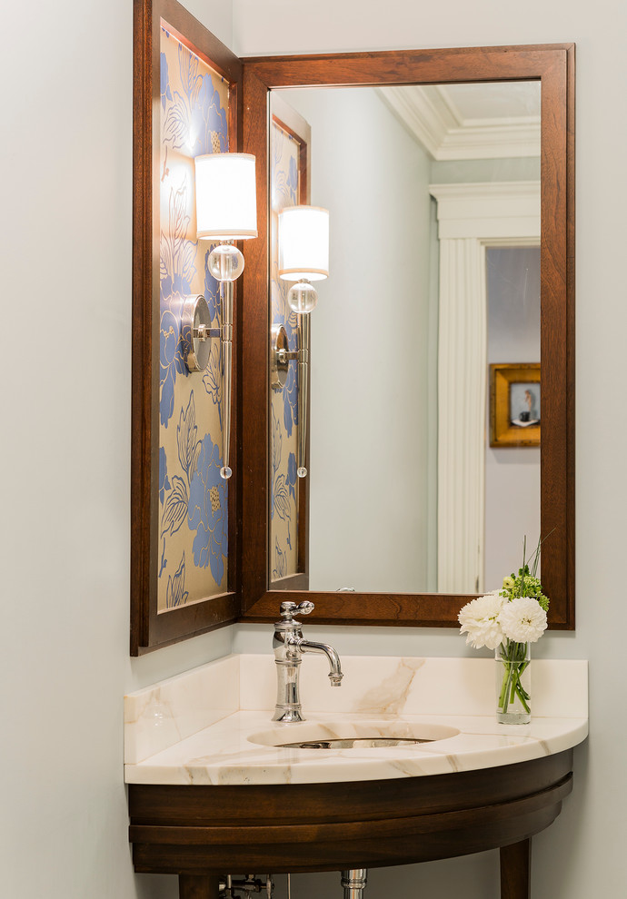 Small contemporary powder room in Boston with an undermount sink.