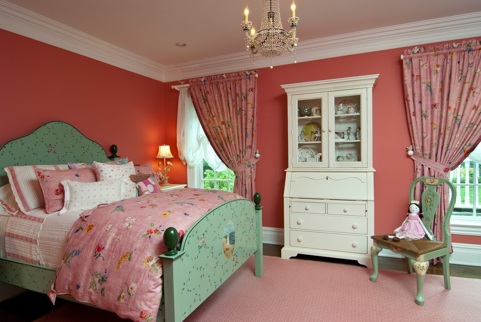Inspiration for a traditional kids' room in New York with pink walls and pink floor.