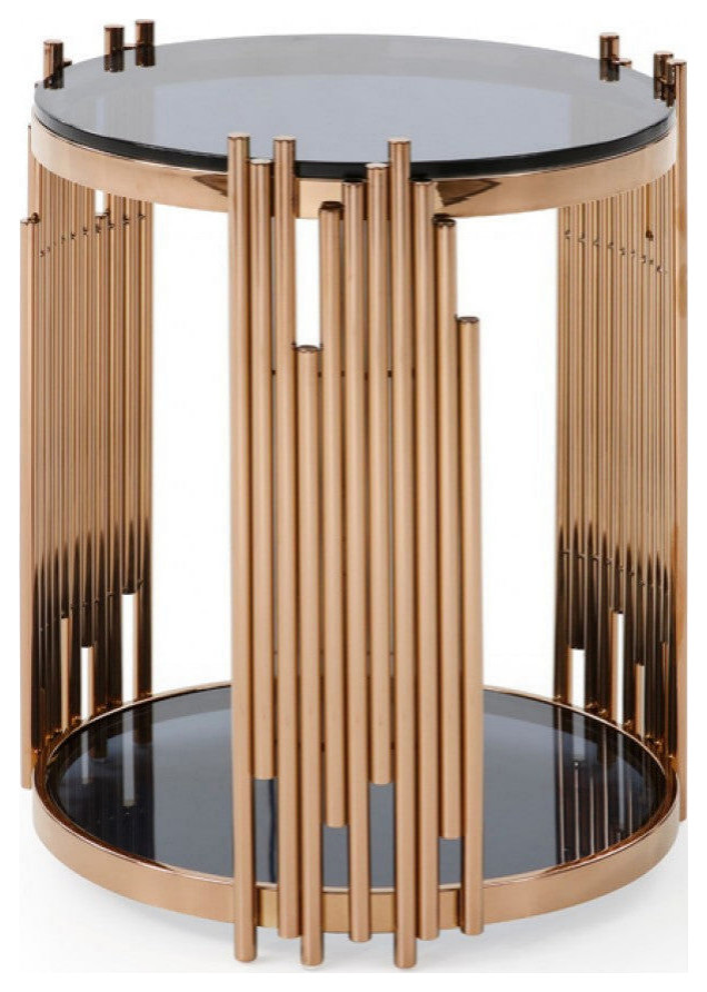 Anatoly Modern Smoked Glass and Rosegold Round End Table Modern