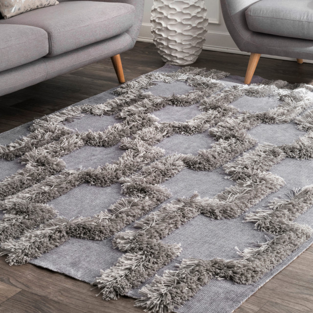 Contemporary Geometric Bloc Shag Area Rug, Silver, 5'x8' - Contemporary ...
