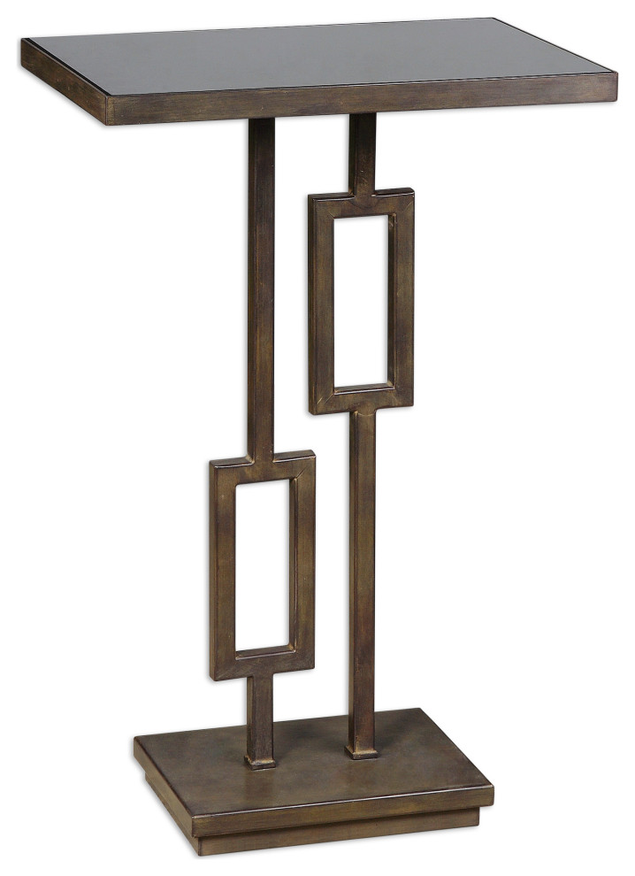 Wrought Iron Side Table with Black Glass Top Geometric Mid Century