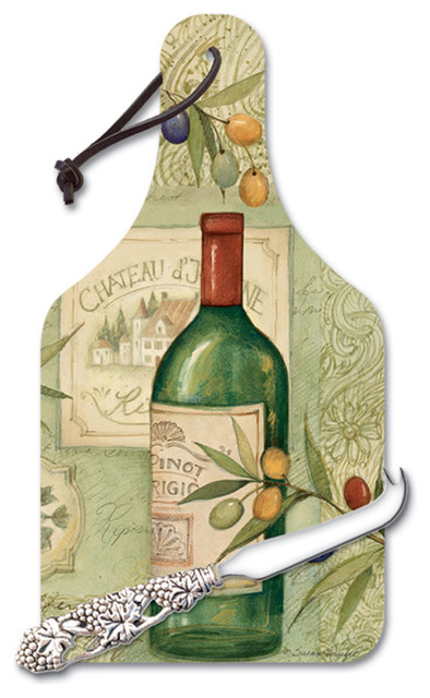 Shaped Glass Cuttingboard Trivet Wine and Olives With Cheese Knife
