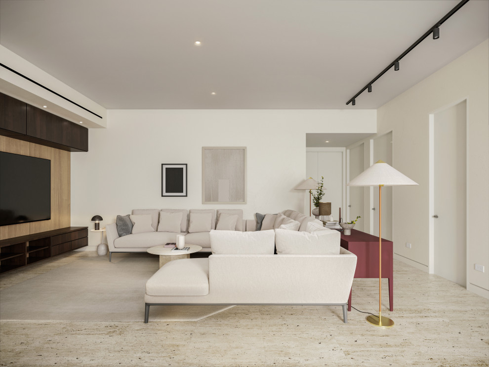 This is an example of an expansive modern open concept living room in Other with white walls, travertine floors, no fireplace, a built-in media wall, beige floor and wood walls.