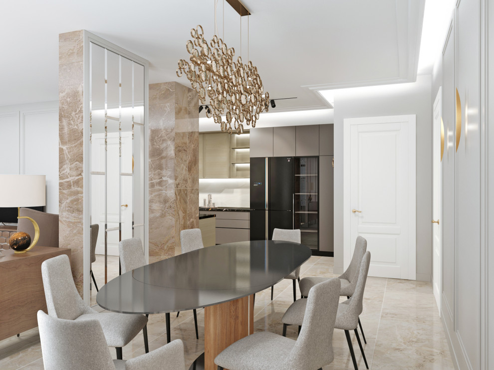 Photo of a mid-sized transitional open plan dining in Moscow with white walls, ceramic floors, beige floor, recessed and decorative wall panelling.
