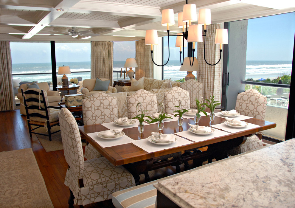 Inspiration for a mid-sized coastal open concept light wood floor, brown floor and coffered ceiling dining room remodel in Jacksonville with brown walls