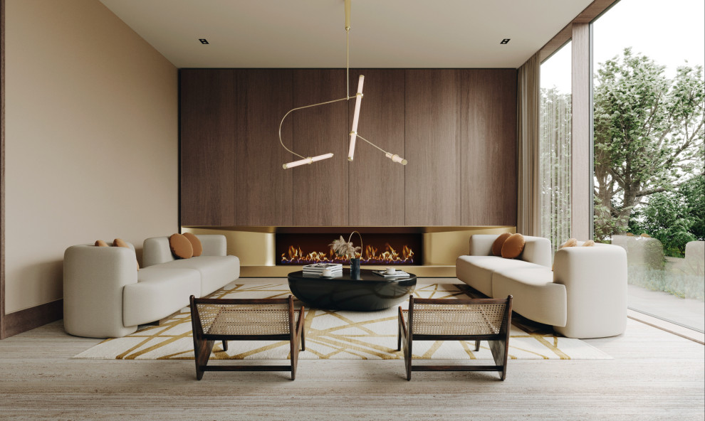 Ispirazione per un soggiorno moderno di medie dimensioni con pareti beige, pavimento in marmo, cornice del camino in legno e pavimento beige
