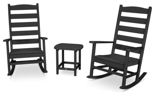 Polywood Shaker 3-Piece Porch Rocking Chair Set, Black