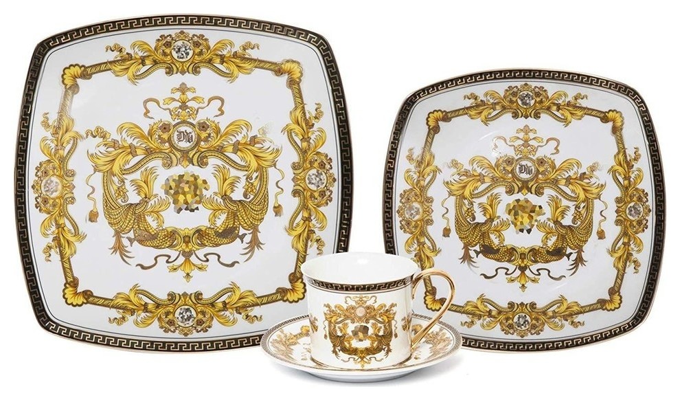 Royalty Porcelain Greek Key 16pc Dinnerware Set 'Medusa White', Bone