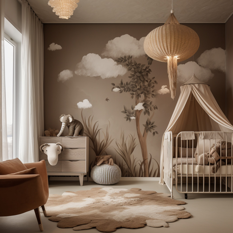Идея дизайна: нейтральная комната для малыша среднего размера в стиле неоклассика (современная классика) с коричневыми стенами, ковровым покрытием и бежевым полом