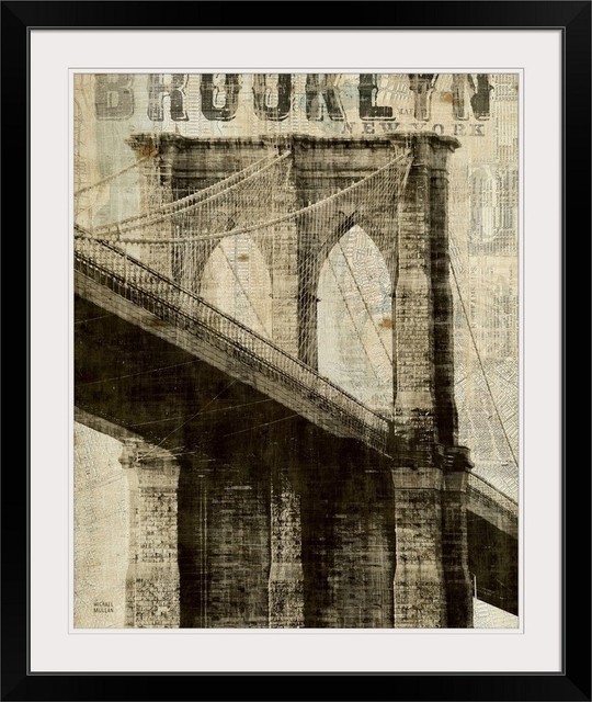 "Vintage NY Brooklyn Bridge" Black Framed Art Print Contemporary