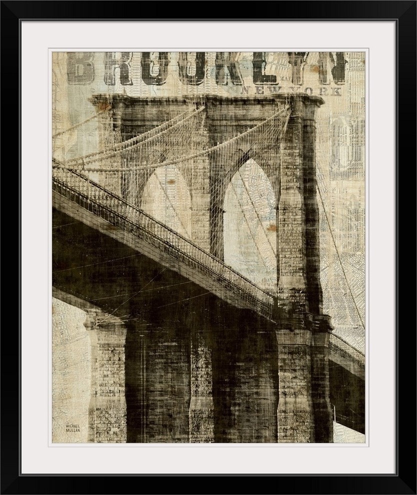"Vintage NY Brooklyn Bridge" Black Framed Art Print, 32"x38"x1"