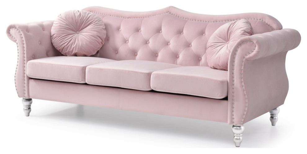 Hollywood 68" Velvet Chesterfield Loveseat With 2 Throw Pillows, Pink