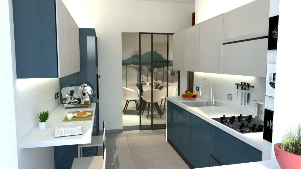 Inspiration for a mid-sized modern galley separate kitchen in Other with a drop-in sink, flat-panel cabinets, blue cabinets, white splashback, black appliances, porcelain floors, no island, grey floor and white benchtop.