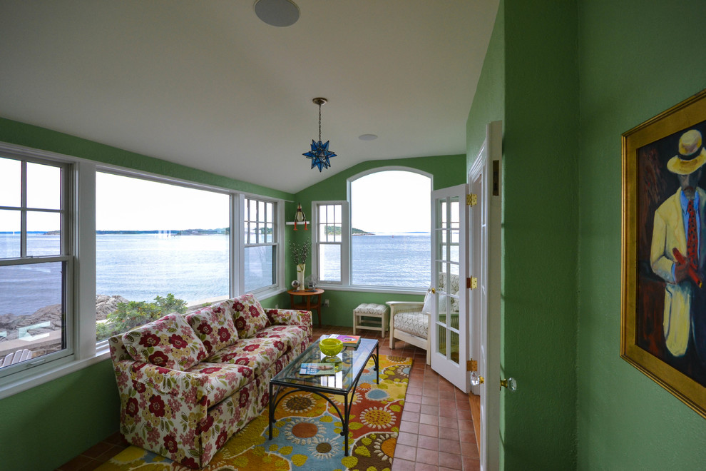 Small contemporary sunroom in Portland Maine with porcelain floors, no fireplace and a standard ceiling.