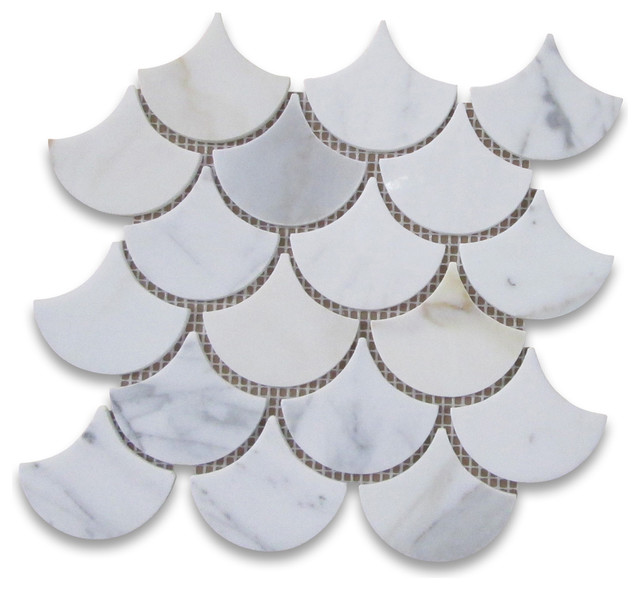 9.5"x9.85" Calacatta Gold Grand Fish Scale Fan Shaped Mosaic Tile