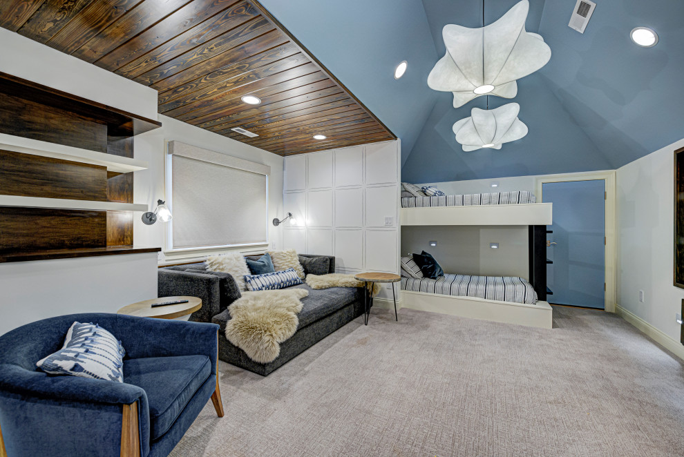 Idee per una cameretta per bambini contemporanea di medie dimensioni con moquette, pavimento grigio, pareti bianche e soffitto a volta
