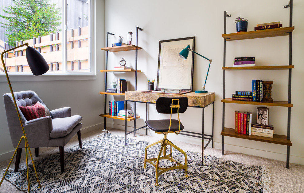 Transitional home office in San Francisco with white walls, carpet and a freestanding desk.