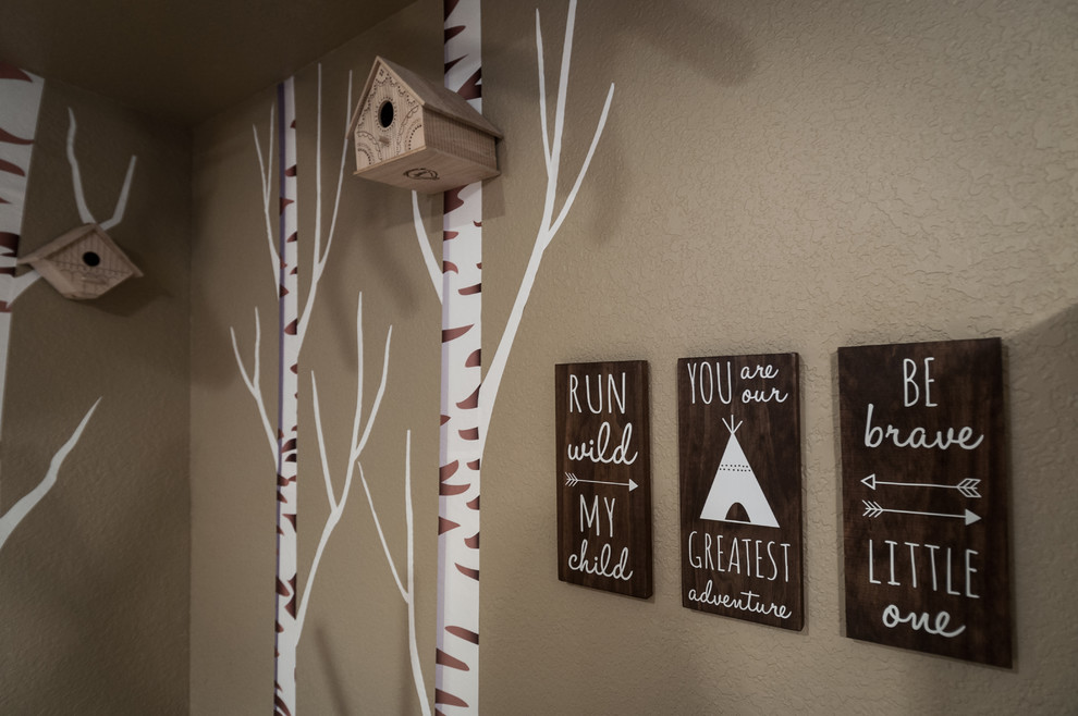Mid-sized mountain style gender-neutral carpeted home design photo with brown walls