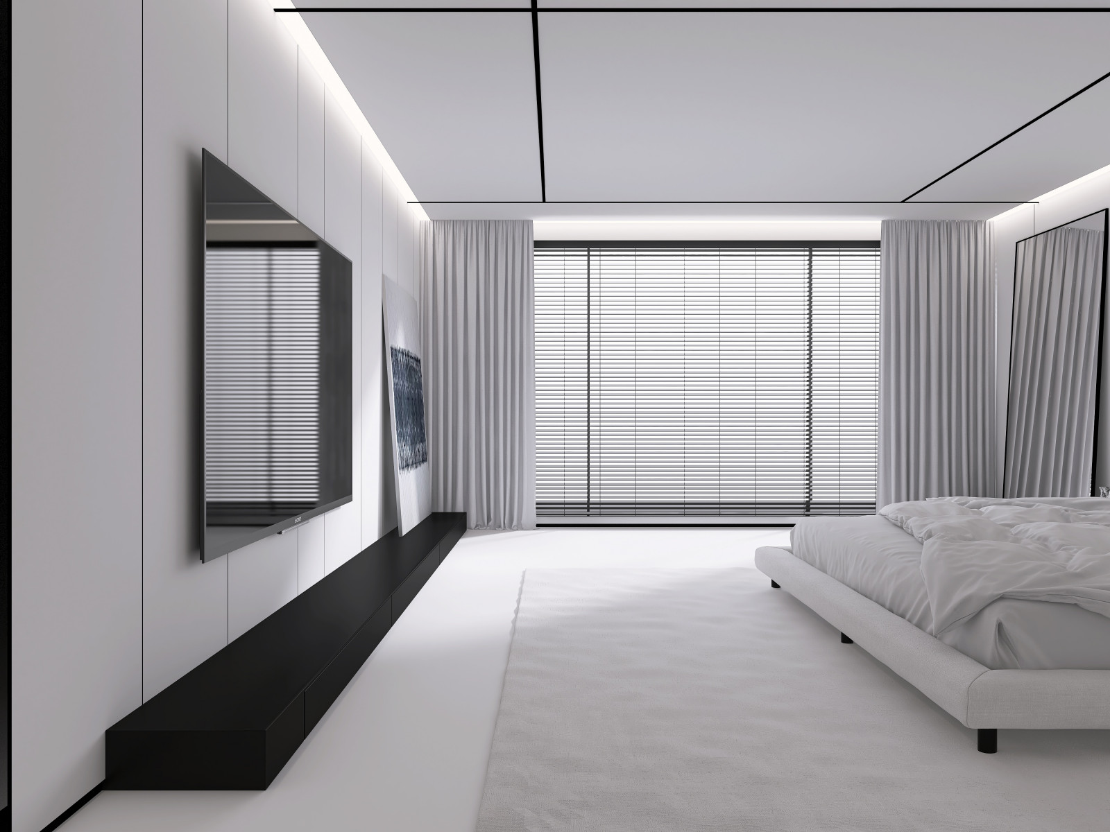 Белая спальня в стиле минимализм.  Основная чертами этой спальни это большая гар