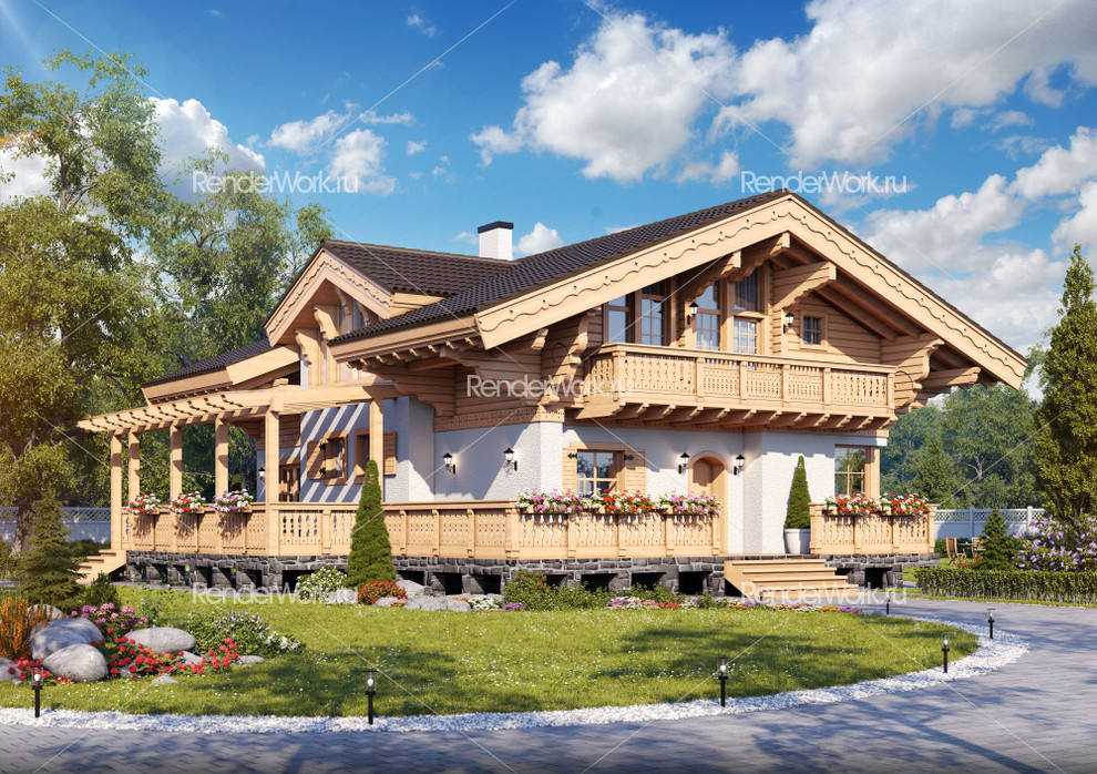 Визуализация деревянного дома из бруса