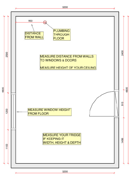 A kitchen floor plan