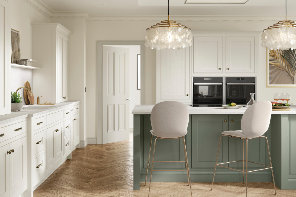 This is an example of a medium sized classic l-shaped kitchen/diner in Other with a submerged sink, light wood cabinets, quartz worktops, black appliances, light hardwood flooring, an island and white worktops.