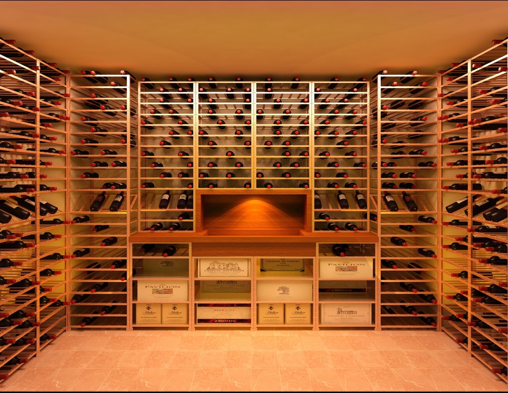 Design ideas for a traditional wine cellar in Surrey with storage racks.