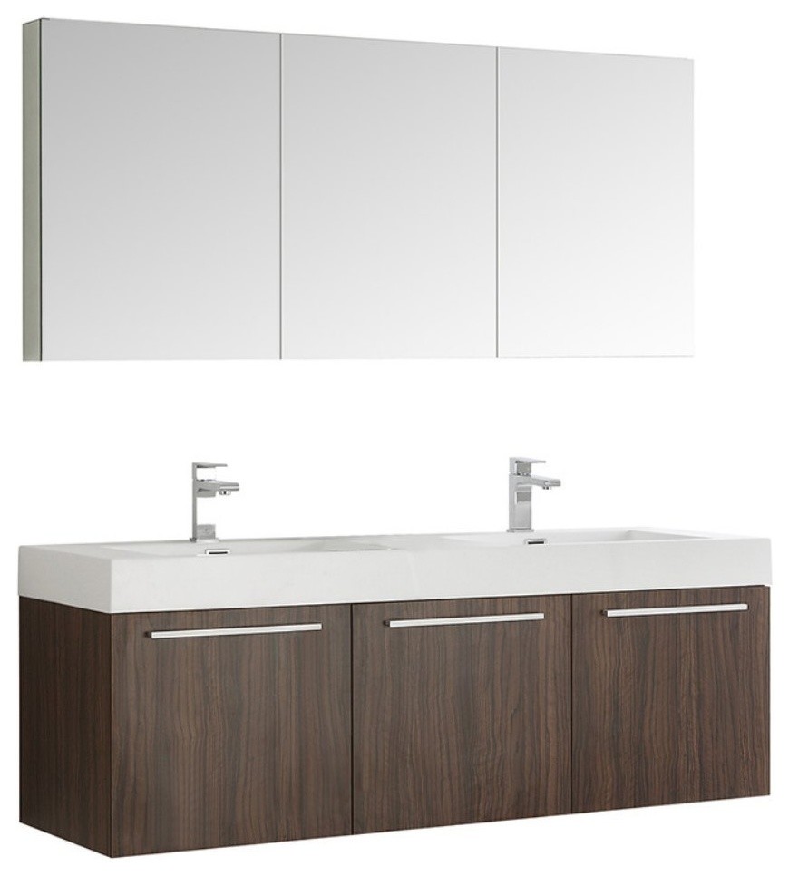 Vista 60" Walnut Wall Hung Double Sink Modern Bathroom Vanity ...
