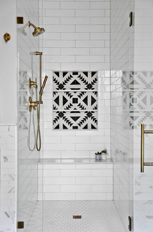 Inspiration for a mid-sized contemporary master bathroom in Other with an alcove shower, black and white tile, white floor, subway tile, mosaic tile floors and a hinged shower door.