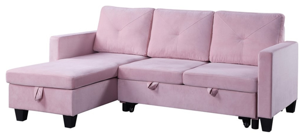 Pemberly Row Velvet Reversible Sleeper Sectional with Storage in Pink