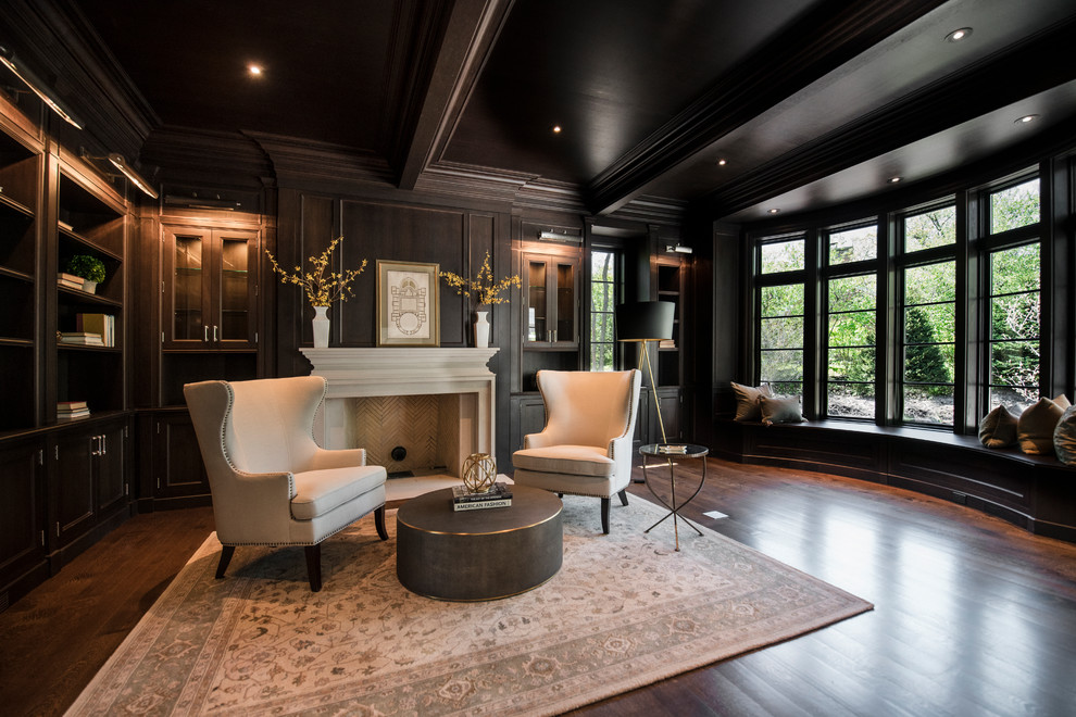 This is an example of a large transitional formal open concept living room in Chicago with brown walls, dark hardwood floors, a standard fireplace, a stone fireplace surround, no tv and brown floor.