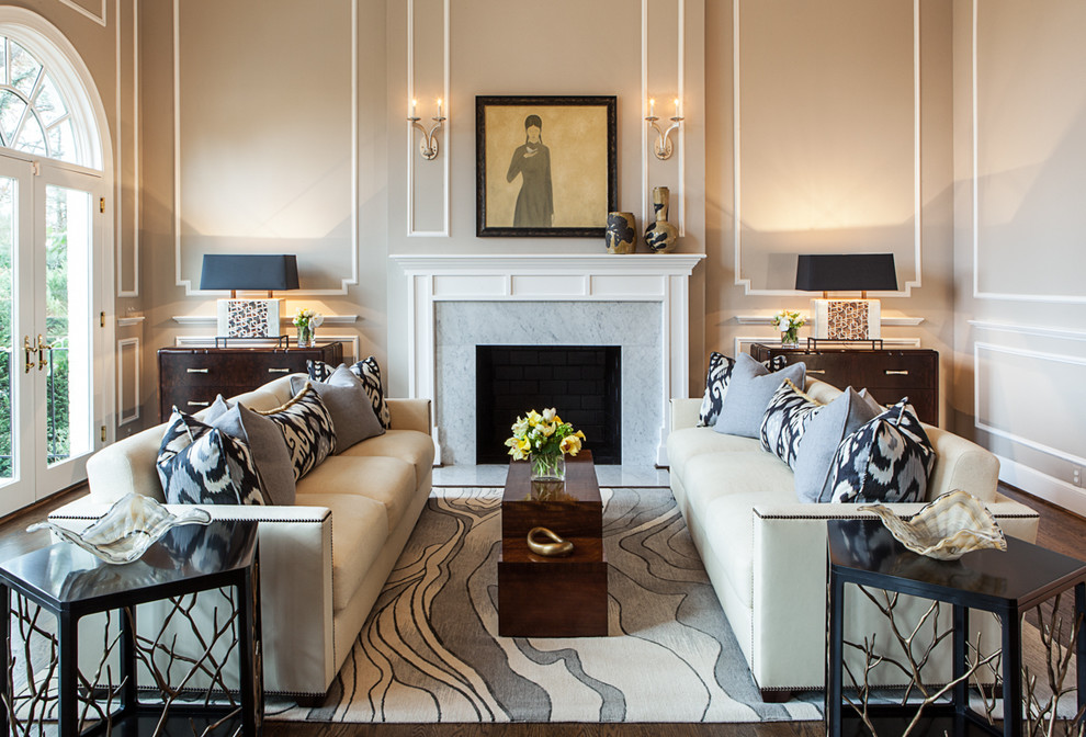 Inspiration for a large transitional formal open concept living room in DC Metro with beige walls, dark hardwood floors, a standard fireplace, no tv, a stone fireplace surround and brown floor.