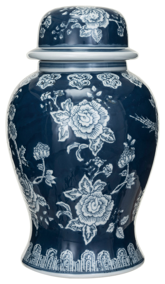 Round Ceramic Ginger Jar With Lid, Blue and White
