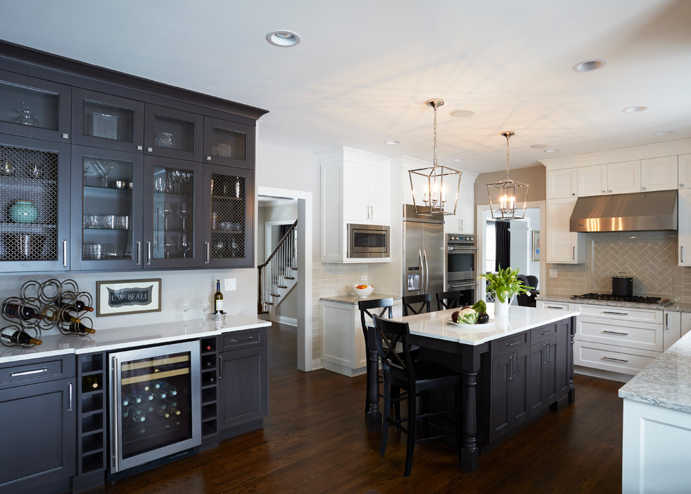 Large transitional u-shaped medium tone wood floor open concept kitchen photo in Chicago with a double-bowl sink, flat-panel cabinets, white cabinets, quartz countertops, beige backsplash, subway tile backsplash, stainless steel appliances and an island