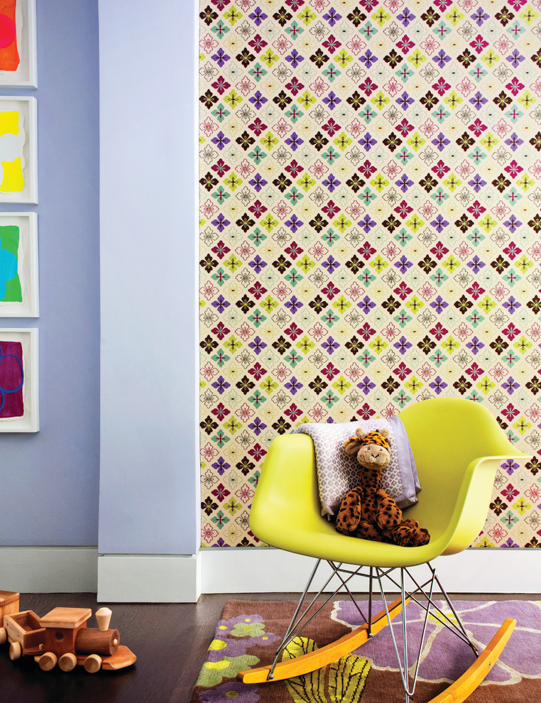 Design ideas for a contemporary kids' room in New York with dark hardwood floors and multi-coloured walls.