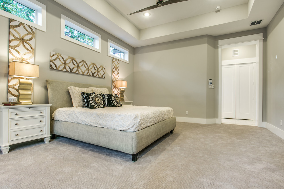 This is an example of a large modern master bedroom in Dallas with grey walls, carpet, no fireplace, grey floor and recessed.