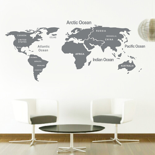 DIY World Map Wall Decal, Gray