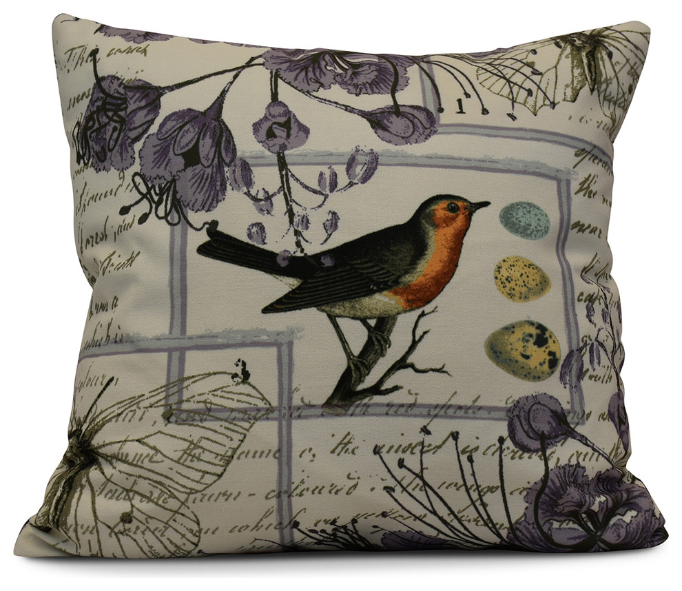 Sweet Tweets, Holiday Floral Print Pillow, Lavender, 16"x16"