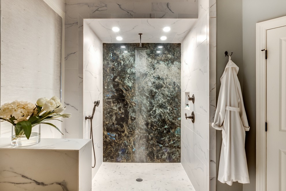 Doorless shower - large contemporary master gray tile and ceramic tile ceramic tile doorless shower idea in Raleigh with marble countertops and gray walls