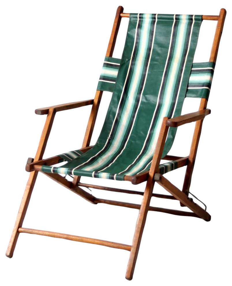 Consigned Mid Century Deck Chair Beach Style Outdoor Folding   Home Design 