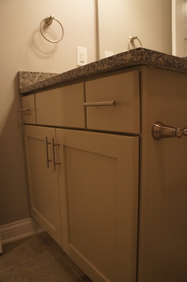 Inspiration for a large transitional look-out carpeted basement remodel with beige walls