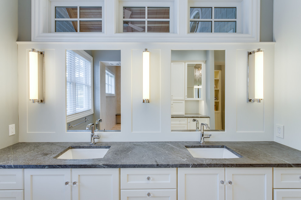 Mid-sized transitional master bathroom photo with white cabinets