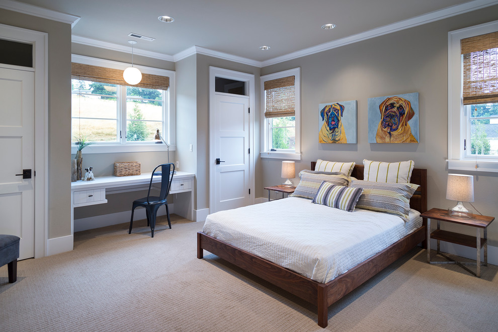 This is an example of a traditional bedroom in Portland with grey walls, carpet and no fireplace.